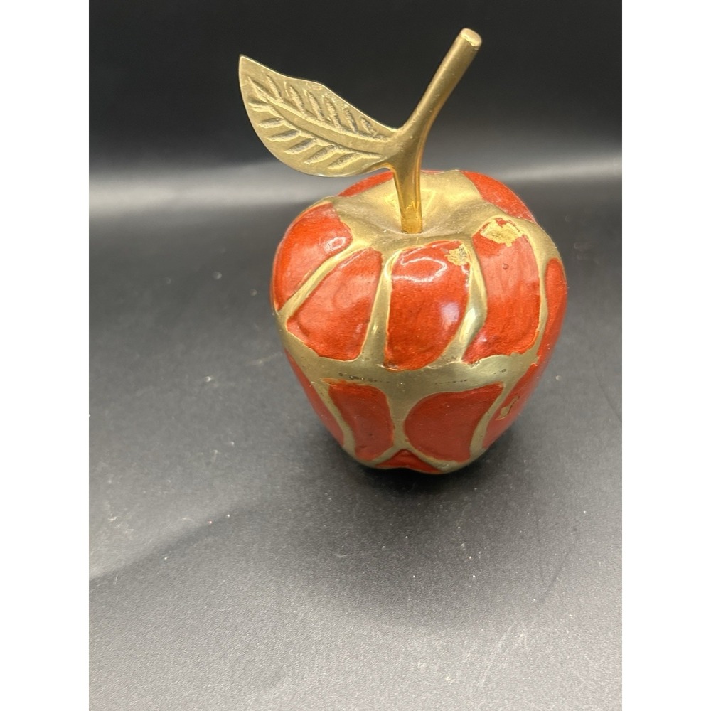 Vintage Enameled Brass Red Apple with Stem Fruit Paperweight - Picture 2 of 3